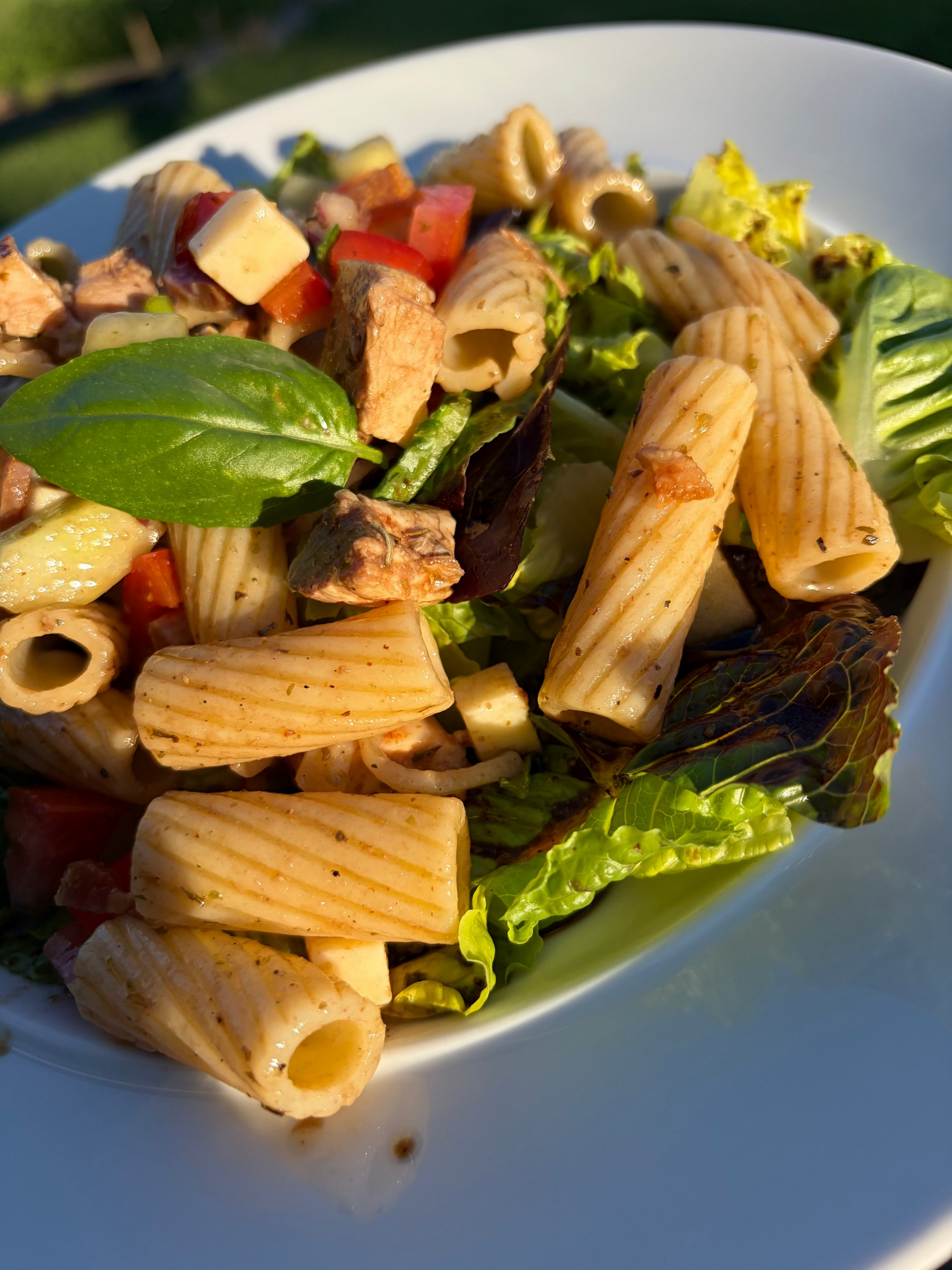 Clean Slate Farm Two-Step vinaigrette on a pasta salad with grilled chicken and basil